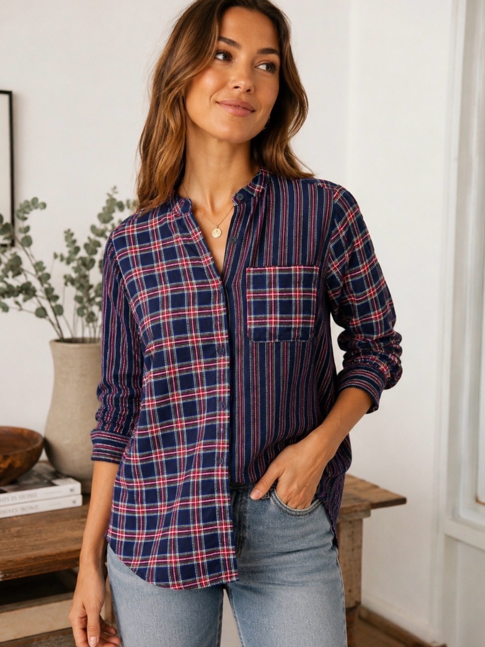 Lands’ End Mixed Plaid Stripe Cotton Button Front Shirt Top Size S 6-8 boho